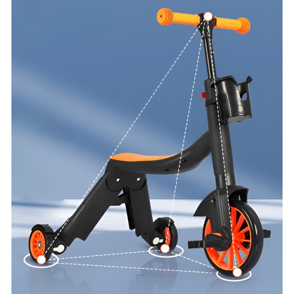 Bicicleta 8 in 1, Embo, Transformabila, Multifunctionala, Reglare Inaltime, cu Maner de Impingere Detasabil, Tricicleta, Trotineta, 3 Roti, Pedale, Cosulet, 3-6 Ani, Portocaliu - imagine 6