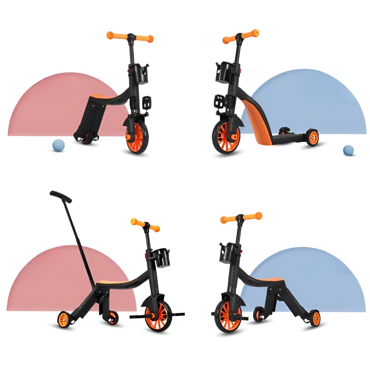 Bicicleta 8 in 1, Embo, Transformabila, Multifunctionala, Reglare Inaltime, cu Maner de Impingere Detasabil, Tricicleta, Trotineta, 3 Roti, Pedale, Cosulet, 3-6 Ani, Portocaliu - imagine 7