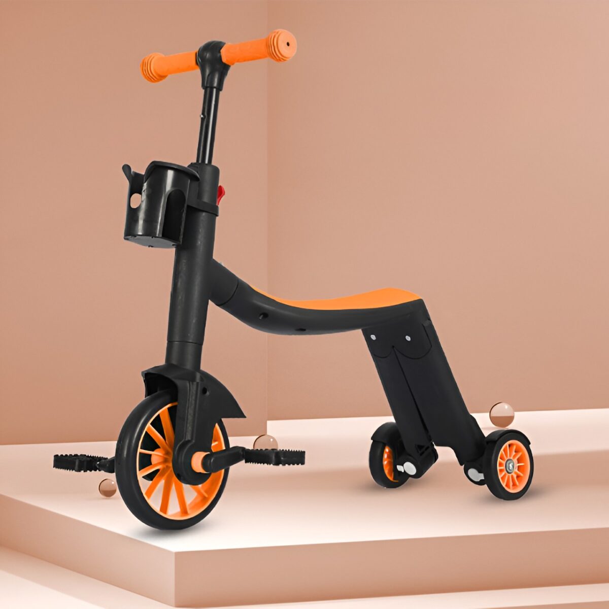 Bicicleta 8 in 1, Embo, Transformabila, Multifunctionala, Reglare Inaltime, cu Maner de Impingere Detasabil, Tricicleta, Trotineta, 3 Roti, Pedale, Cosulet, 3-6 Ani, Portocaliu - imagine 8