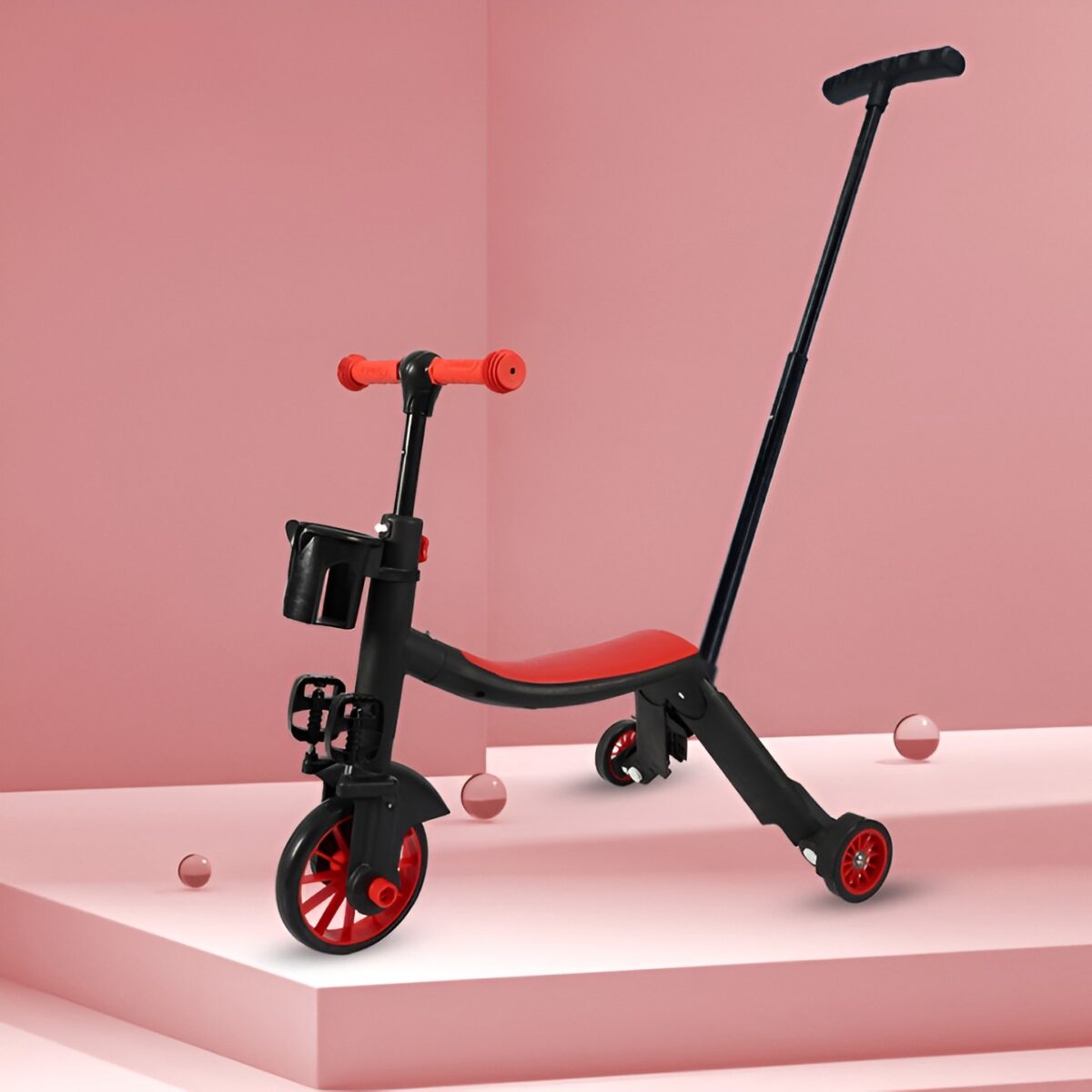 Bicicleta 8 in 1, Embo, Transformabila, Multifunctionala, Reglare Inaltime, cu Maner de Impingere Detasabil, Tricicleta, Trotineta, 3 Roti, Pedale, Cosulet, 3-6 Ani, Rosu - imagine 3