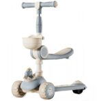 Trotineta Multifunctionala 3 in 1, Embo, pentru Copii, 1-7 Ani, cu Lumini si Muzica, Reglabil 360, Pliere Usoara, Reglarea Inaltimii, Model Dinozaur, Bej/Albastru
