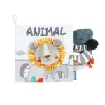 Carte Senzoriala, Embo, pentru Bebelusi, 15x16x6 cm, cu Animalute, 3D, Cu Sunete si Fosnete, 0-3 Ani, Model Leu, Gri