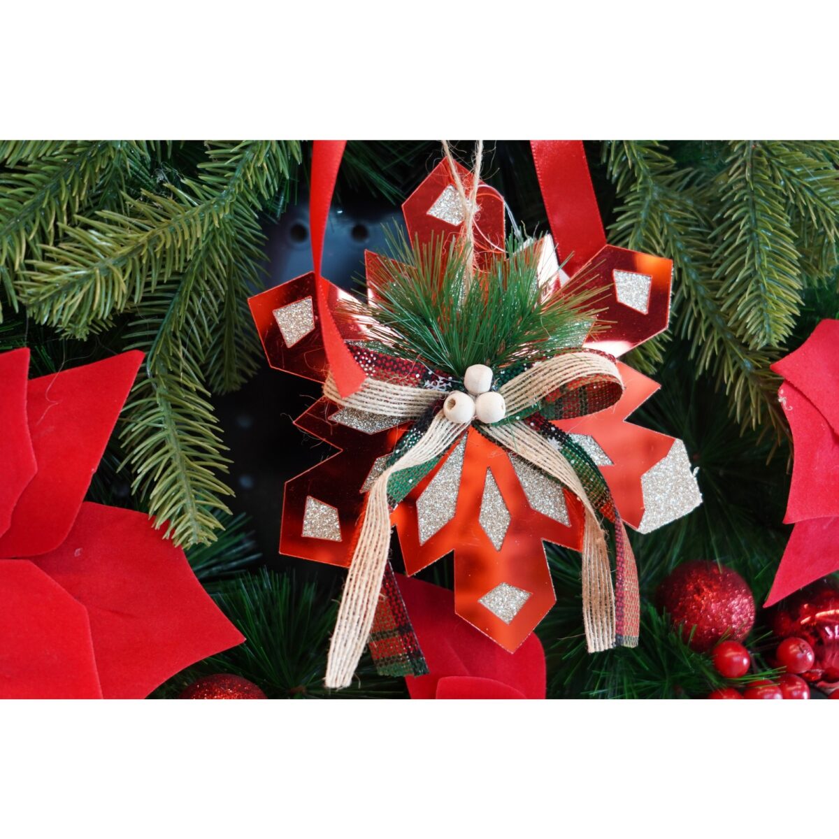 Ornament brad, Embo, Fulg de nea, Rosu, Lucios, 15*15CM, Acril, Interior/ Exterior - imagine 4
