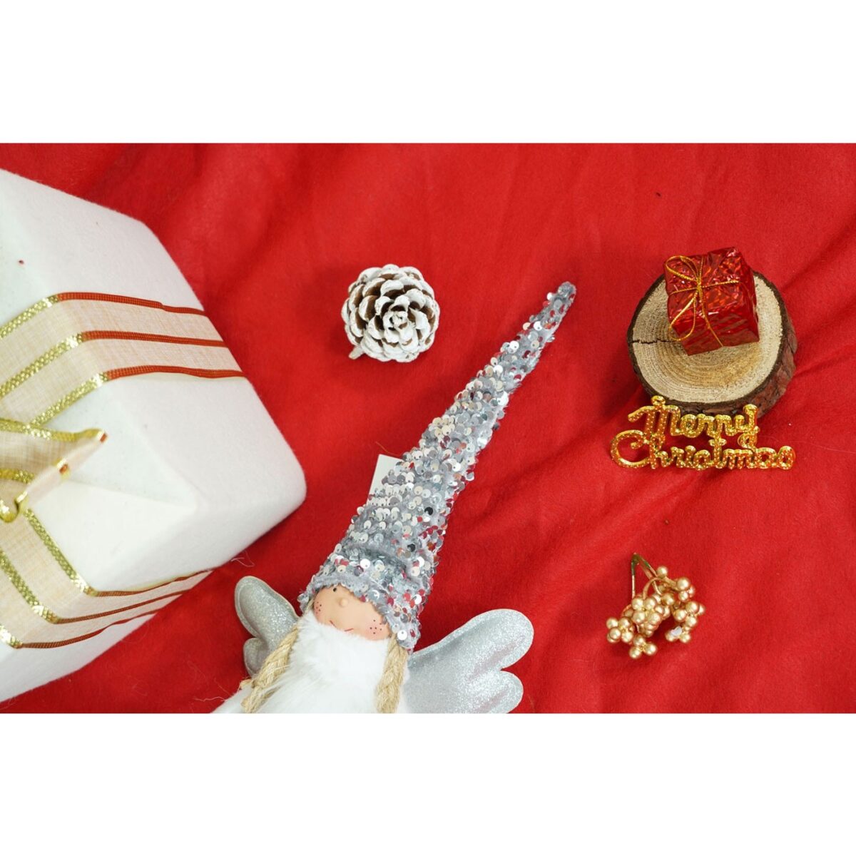 Ornament de Craciun ingeras, Embo, alb/gri, textil, 53 cm - imagine 5