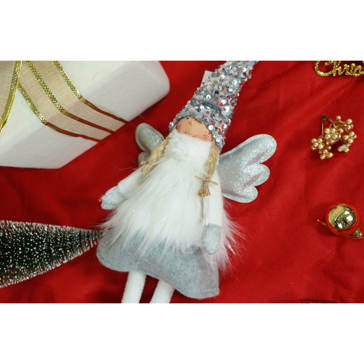 Ornament de Craciun ingeras, Embo, alb/gri, textil, 53 cm - imagine 7