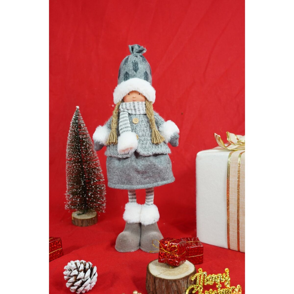 Ornament de Craciun papusa, Embo, gri/alb, textil, 43 cm - imagine 3