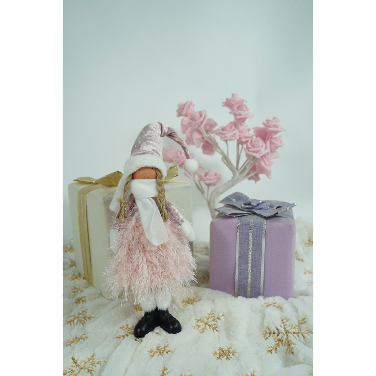 Ornament de Craciun papusa, Embo, roz/alb, textil, 44 cm - imagine 3