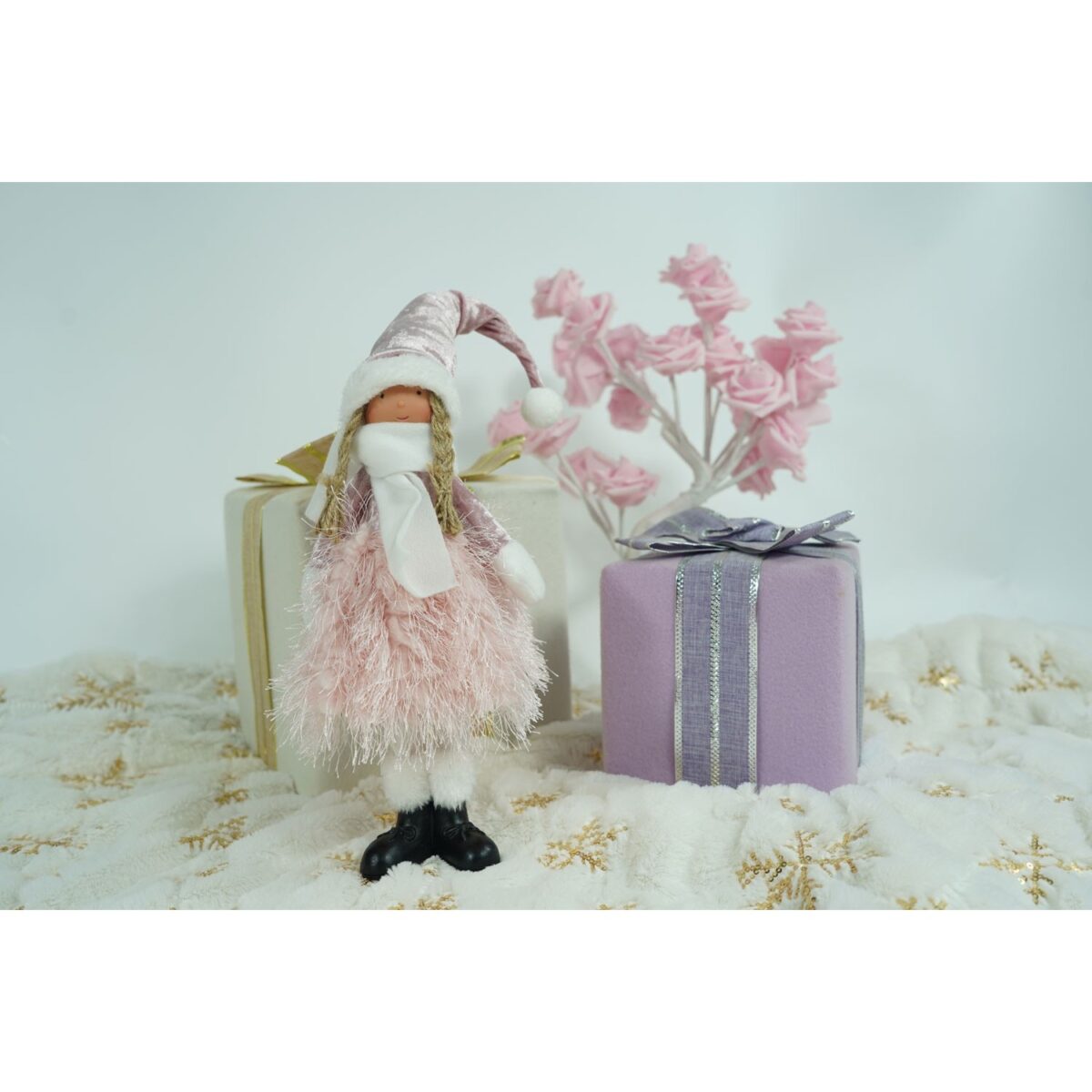 Ornament de Craciun papusa, Embo, roz/alb, textil, 44 cm - imagine 5