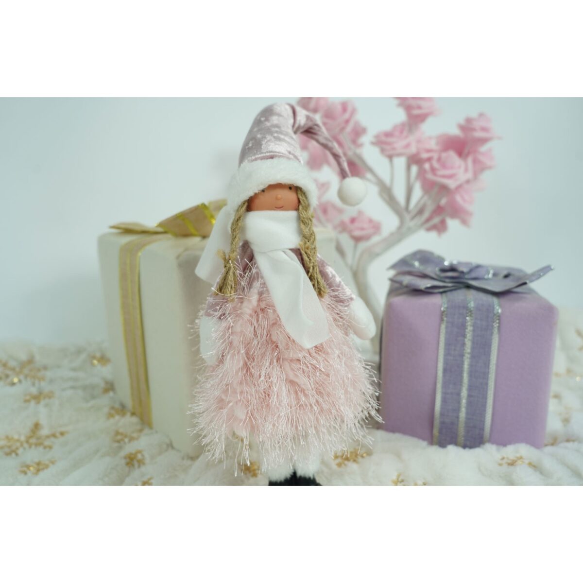 Ornament de Craciun papusa, Embo, roz/alb, textil, 44 cm - imagine 9