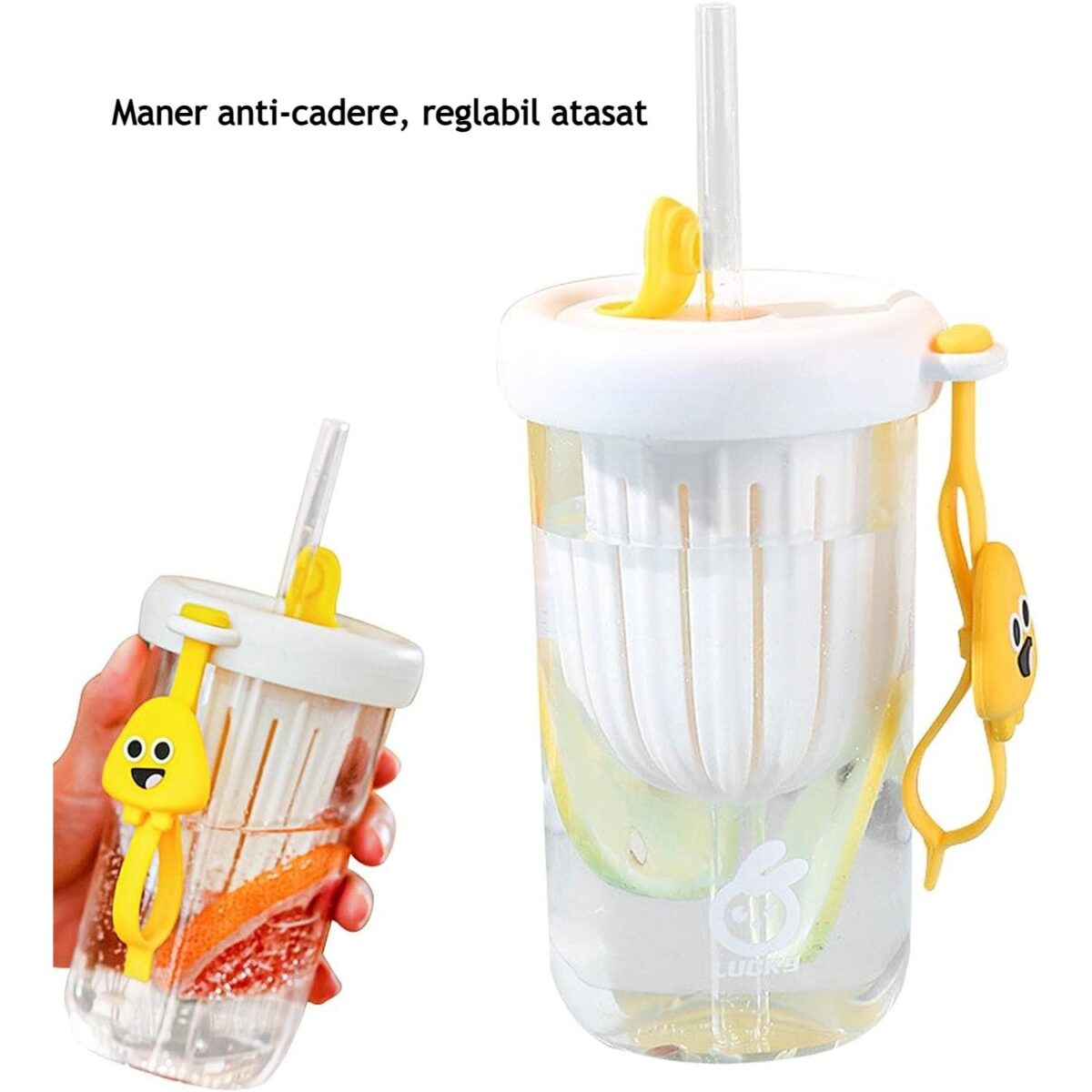 Pahar din silicon, cu capac si pai, pentru copii, Embo, anti-cadere, compartiment pentru fructe/ceai/gheata, rezistent la temperaturi inalte, 500ml, Alb, 14.5x8.8x20 cm - imagine 7