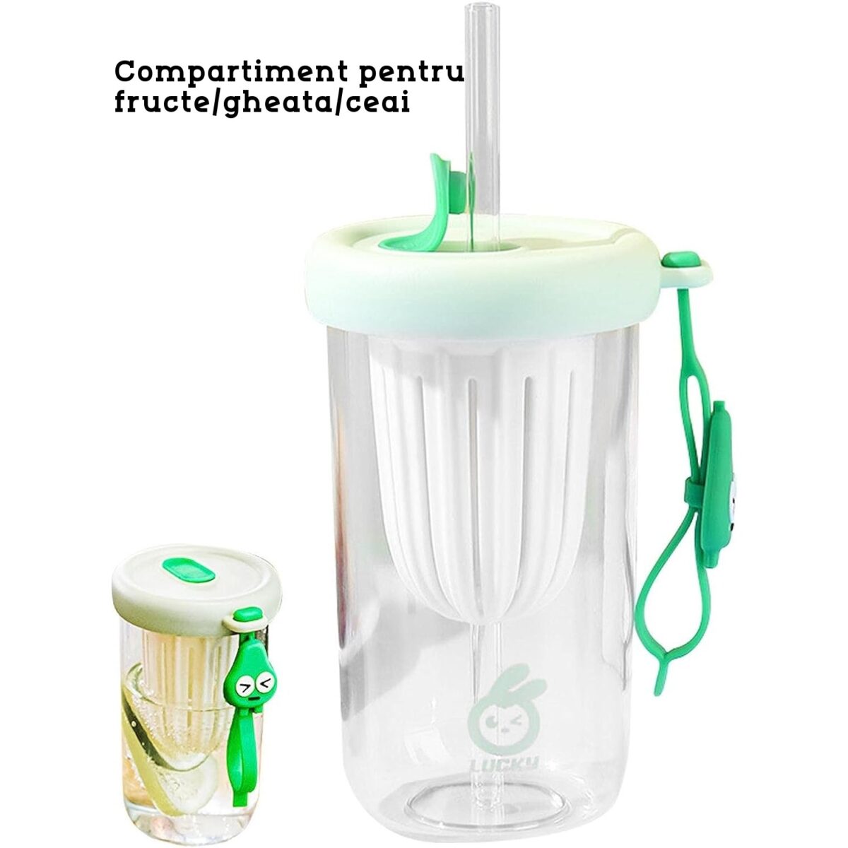 Pahar din silicon, cu capac si pai, pentru copii, Embo, anti-cadere, compartiment pentru fructe/ceai/gheata, rezistent la temperaturi inalte, 500ml, Verde, 14.5x8.8x20 cm - imagine 2