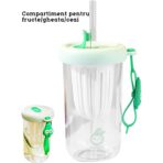 Pahar din silicon, cu capac si pai, pentru copii, Embo, anti-cadere, compartiment pentru fructe/ceai/gheata, rezistent la temperaturi inalte, 500ml, Verde, 14.5x8.8x20 cm - imagine 2