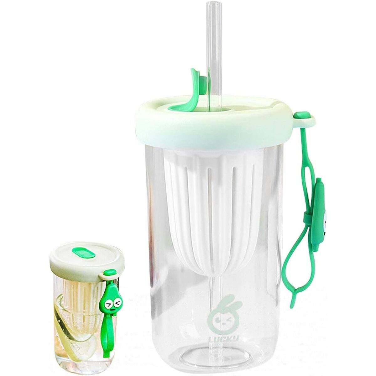 Pahar din silicon, cu capac si pai, pentru copii, Embo, anti-cadere, compartiment pentru fructe/ceai/gheata, rezistent la temperaturi inalte, 500ml, Verde, 14.5x8.8x20 cm - imagine 4