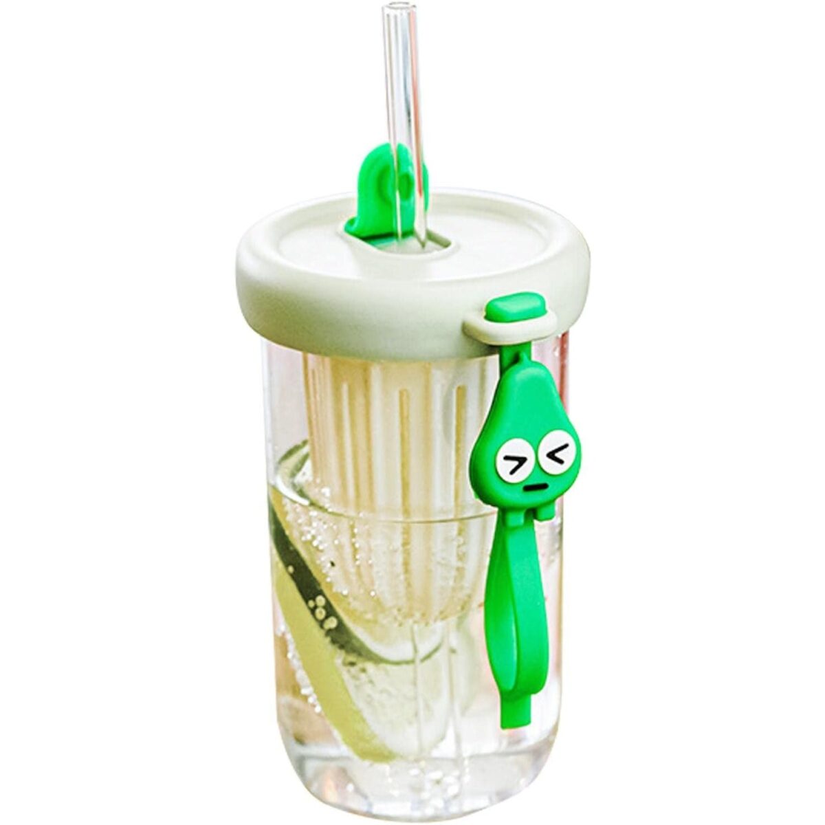 Pahar din silicon, cu capac si pai, pentru copii, Embo, anti-cadere, compartiment pentru fructe/ceai/gheata, rezistent la temperaturi inalte, 500ml, Verde, 14.5x8.8x20 cm - imagine 5