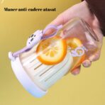 Pahar din silicon, cu capac si pai, pentru copii, Embo, anti-cadere, compartiment pentru fructe/ceai/gheata, rezistent la temperaturi inalte, 500ml, Mov, 14.5x8.8x20 cm - imagine 3