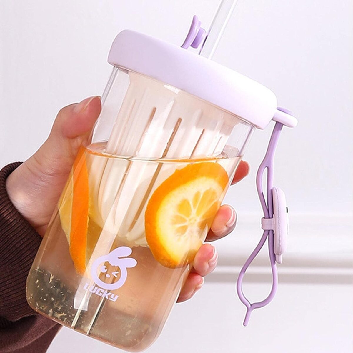 Pahar din silicon, cu capac si pai, pentru copii, Embo, anti-cadere, compartiment pentru fructe/ceai/gheata, rezistent la temperaturi inalte, 500ml, Mov, 14.5x8.8x20 cm - imagine 4