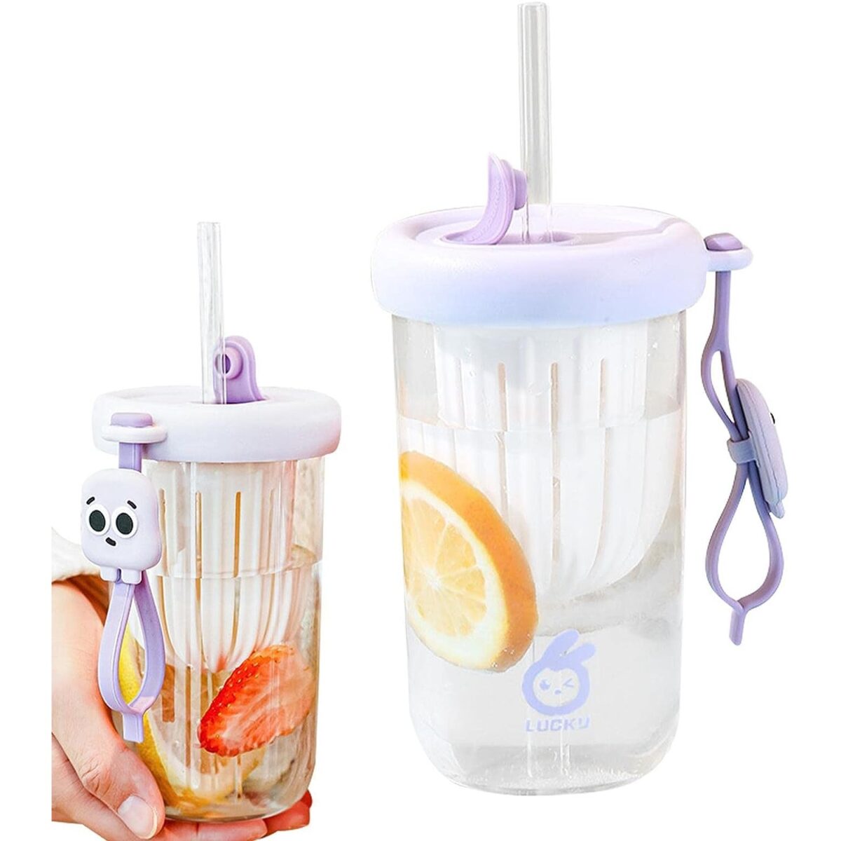 Pahar din silicon, cu capac si pai, pentru copii, Embo, anti-cadere, compartiment pentru fructe/ceai/gheata, rezistent la temperaturi inalte, 500ml, Mov, 14.5x8.8x20 cm - imagine 6