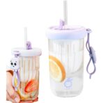 Pahar din silicon, cu capac si pai, pentru copii, Embo, anti-cadere, compartiment pentru fructe/ceai/gheata, rezistent la temperaturi inalte, 500ml, Mov, 14.5x8.8x20 cm - imagine 6