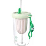 Pahar din silicon, cu capac si pai, pentru copii, Embo, anti-cadere, compartiment pentru fructe/ceai/gheata, rezistent la temperaturi inalte, 500ml, Verde, 14.5x8.8x20 cm