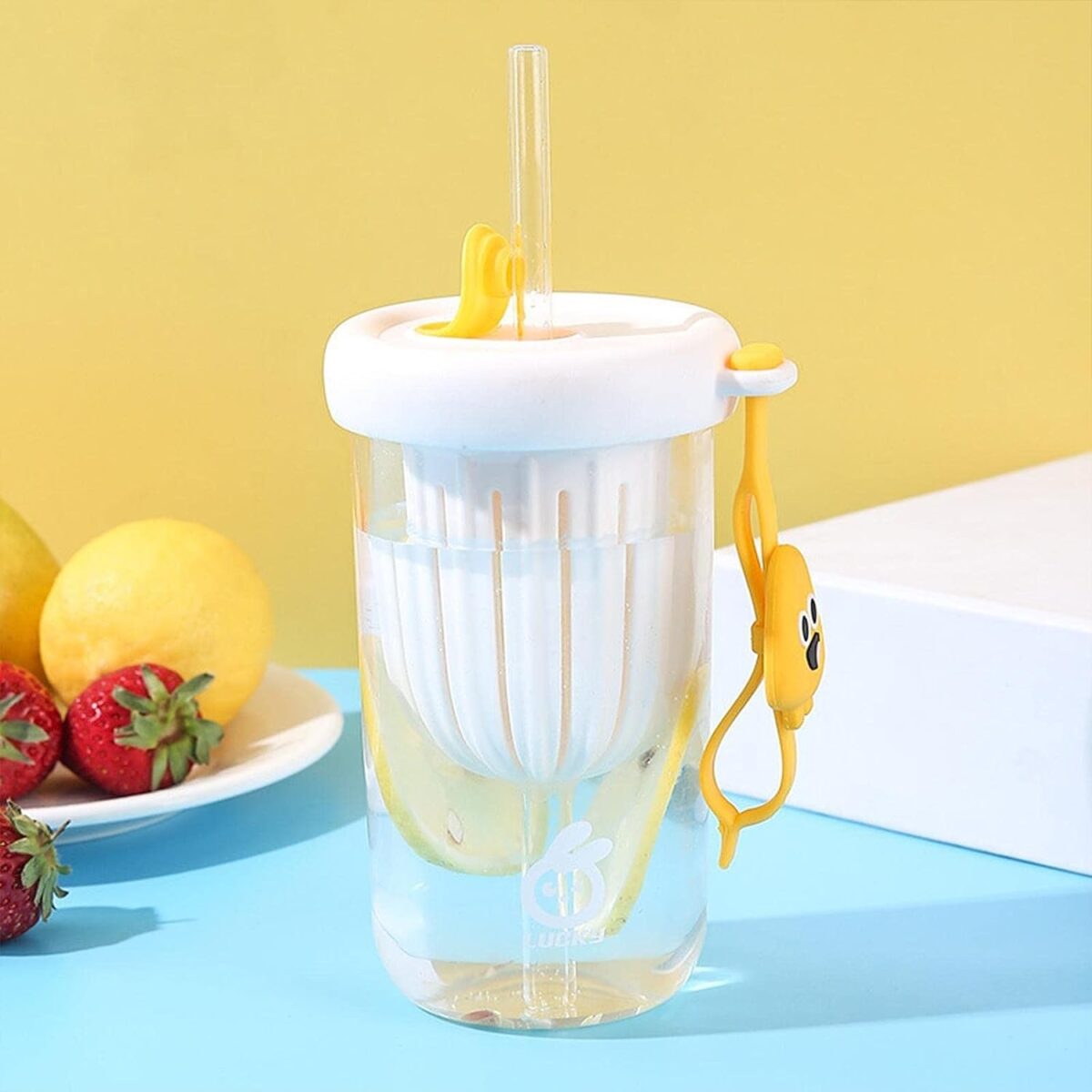 Pahar din silicon, cu capac si pai, pentru copii, Embo, anti-cadere, compartiment pentru fructe/ceai/gheata, rezistent la temperaturi inalte, 500ml, Alb, 14.5x8.8x20 cm - imagine 4