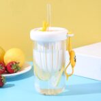 Pahar din silicon, cu capac si pai, pentru copii, Embo, anti-cadere, compartiment pentru fructe/ceai/gheata, rezistent la temperaturi inalte, 500ml, Alb, 14.5x8.8x20 cm - imagine 4