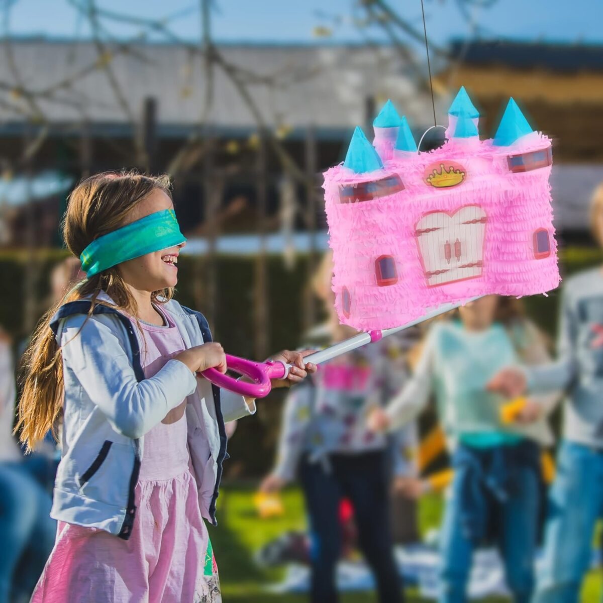 Pinata Castel Printesa pentru Petrecere, Embo, din Hartie Creponata si Carton, Pinata pentru Petreceri, 40 x 37 x 15 cm, Roz deschis - imagine 5