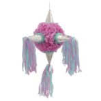 Pinata Rotunda pentru Petrecere, Embo, Detalii Argintii, din Hartie si Carton, Pinata pentru Copii, 76 x 50 x 50 cm, Roz