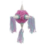 Pinata Rotunda pentru Petrecere, Embo, Detalii Argintii, din Hartie si Carton, Pinata pentru Copii, 76 x 50 x 50 cm, Roz