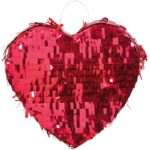 Pinata Inima pentru Petrecere, Embo, Detalii cu Sclipici, din Hartie si Carton, Pinata pentru Copii, 18 x 18 x 10 cm, Rosu metalizat