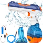 Pistol cu Apa Electric, Embo, 2 Rezervoare 75/350 ml, din ABS+Silicon, Baterie, Incarcare USB, Conectare la Furtun, +6 Ani, Albastru