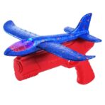 Pistol cu Lansator de Avion, Embo, din Polistiren+Plastic, +3 Ani, Avion 38 cm, Lansare 10 m, cu Lumini si Roti, Rosu/Albastru - imagine 3