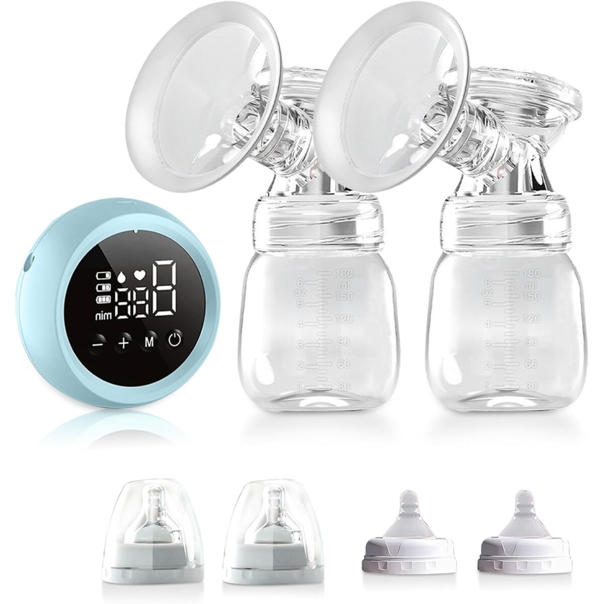 Pompa de San Electrica 2 in 1, Embo, cu 2 Biberoane, Capacitate 180 ml, Incarcare USB Tip C, 1200 mAh, 2 Moduri, 9 Viteze, Albastru Transparent - imagine 4
