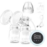 Pompa de San Electrica 2 in 1, Embo, cu 2 Biberoane, Capacitate 180 ml, Incarcare USB Tip C, 1200 mAh, 2 Moduri, 9 Viteze, Albastru Transparent