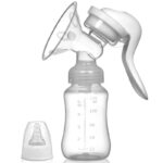 Pompa de San Manuala Multifunctionala, Embo, Portabila, cu Tetina pentru Biberon, Anti-Scurgere, Anti-Reflux, 18.5x6 cm, 150 mL, Silicon, Recipient Transparent, Alb
