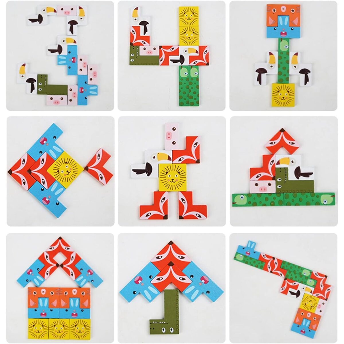 Puzzle din Lemn Embo, Tip Tetris, +4 Ani, cu Animale Colorate 3D, 40 Piese, Multicolor - imagine 2