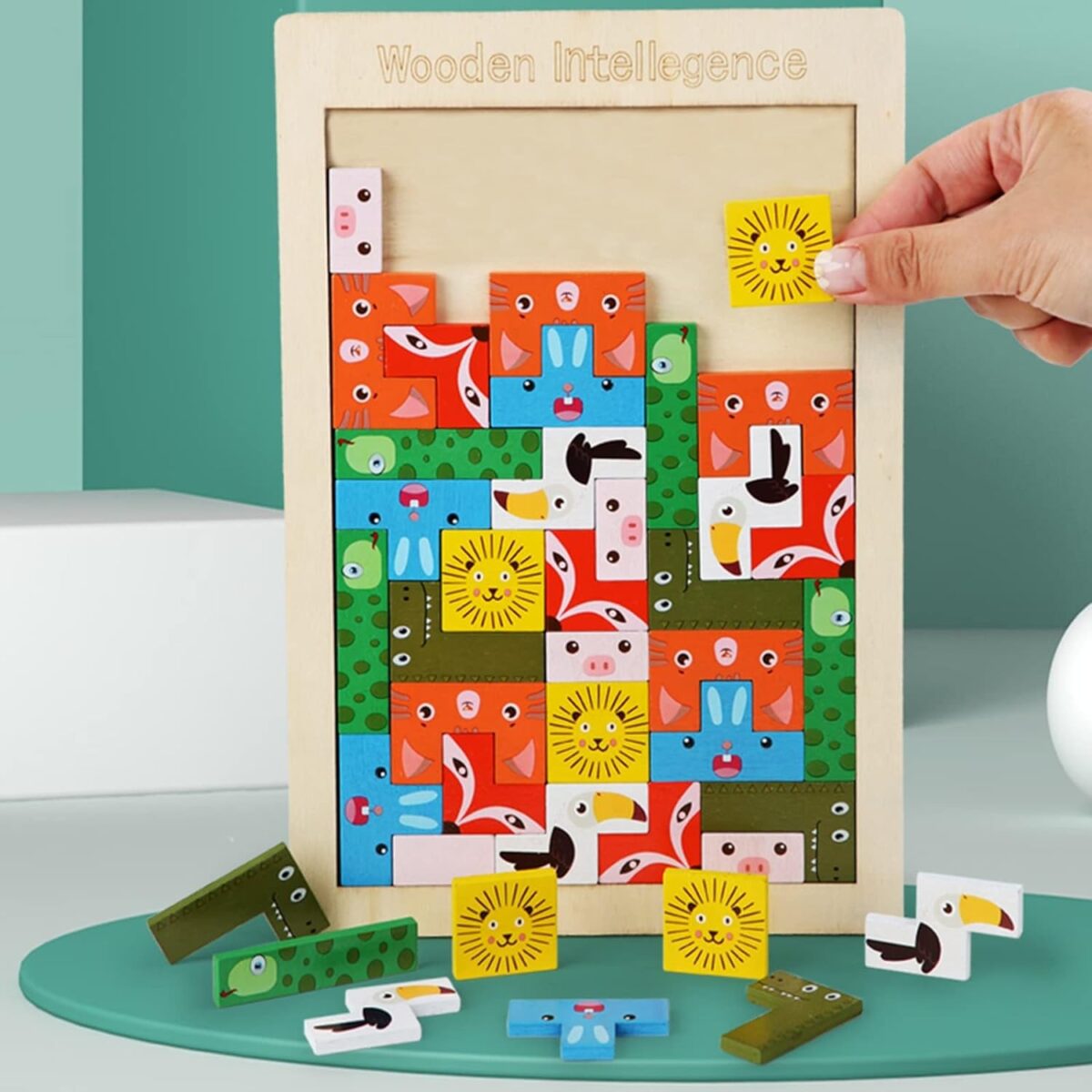 Puzzle din Lemn Embo, Tip Tetris, +4 Ani, cu Animale Colorate 3D, 40 Piese, Multicolor - imagine 3