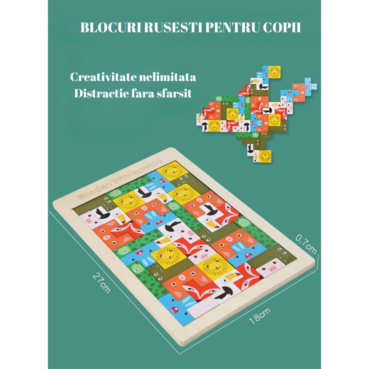 Puzzle din Lemn Embo, Tip Tetris, +4 Ani, cu Animale Colorate 3D, 40 Piese, Multicolor - imagine 5