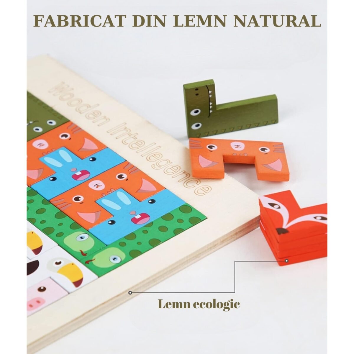 Puzzle din Lemn Embo, Tip Tetris, +4 Ani, cu Animale Colorate 3D, 40 Piese, Multicolor - imagine 6