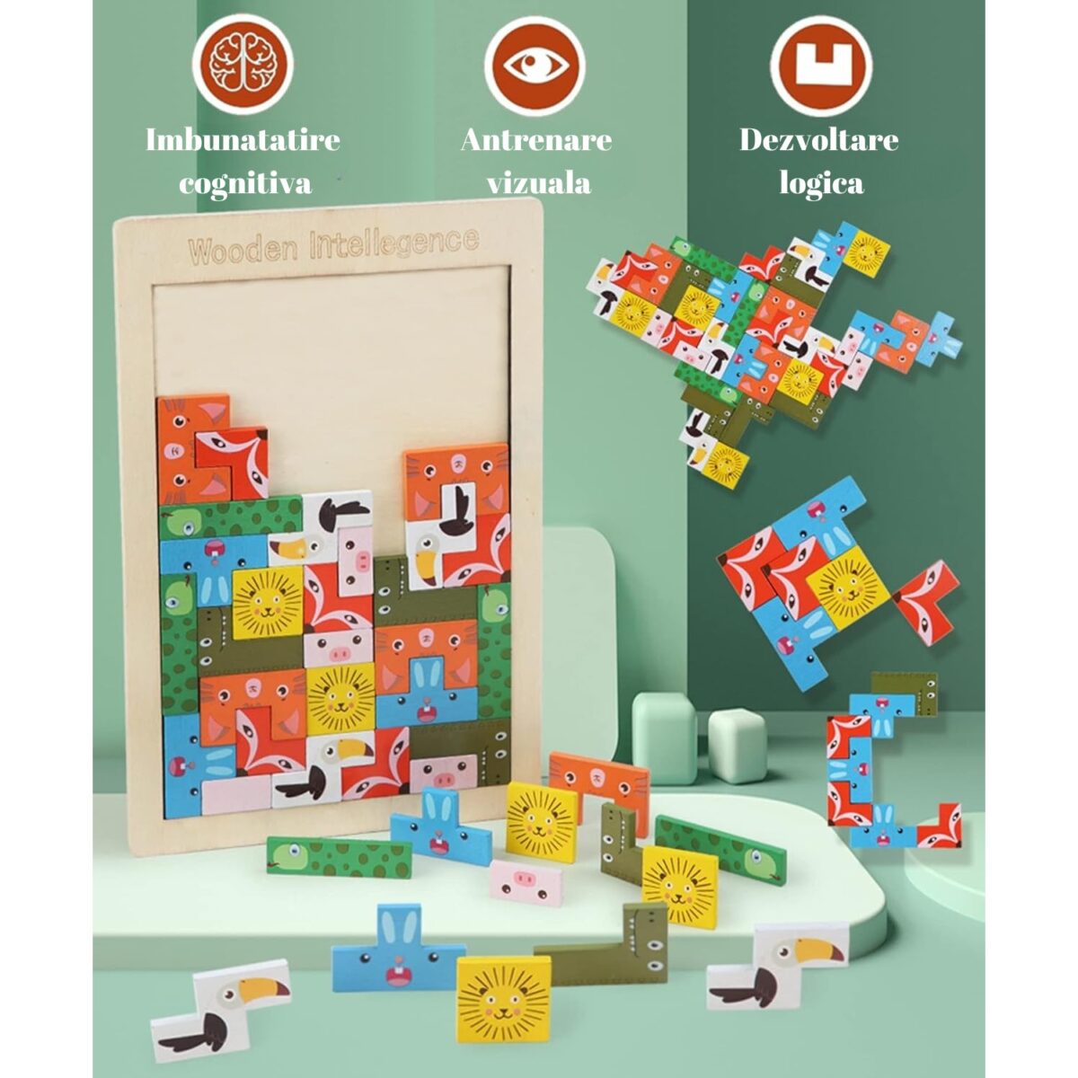 Puzzle din Lemn Embo, Tip Tetris, +4 Ani, cu Animale Colorate 3D, 40 Piese, Multicolor - imagine 7