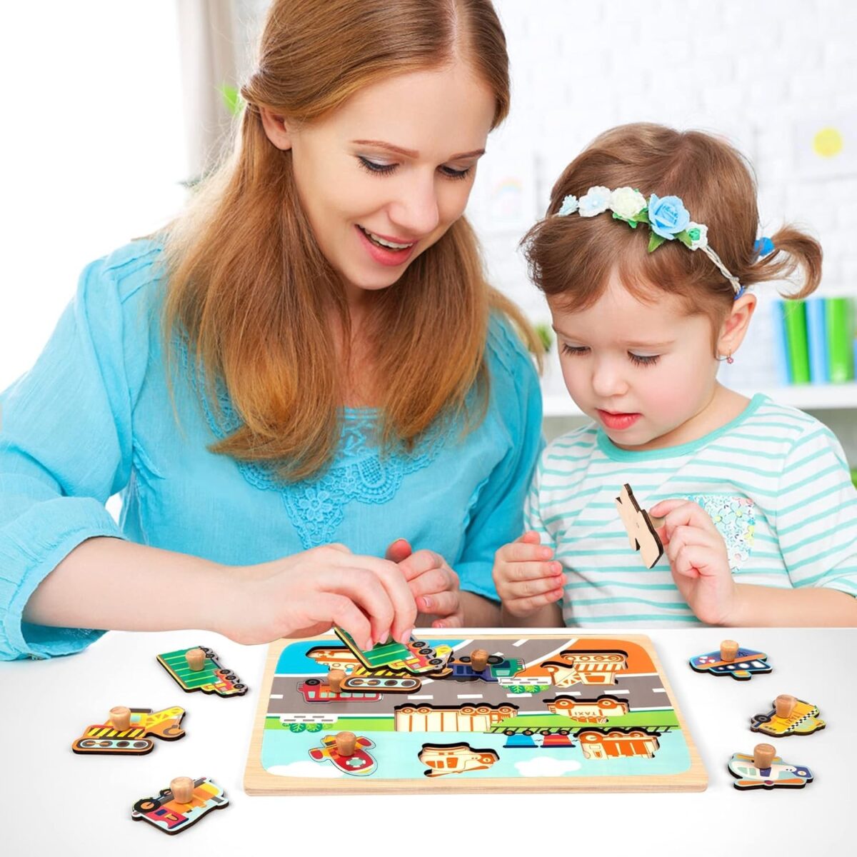 Puzzle Montessori din Lemn pentru Copii, Embo, 0-3 Ani, 3D, Model Transporturi, Educativ, Intuitiv, Creativ, 9 Piese, 30x22.5x0.8 cm, Multicolor - imagine 3