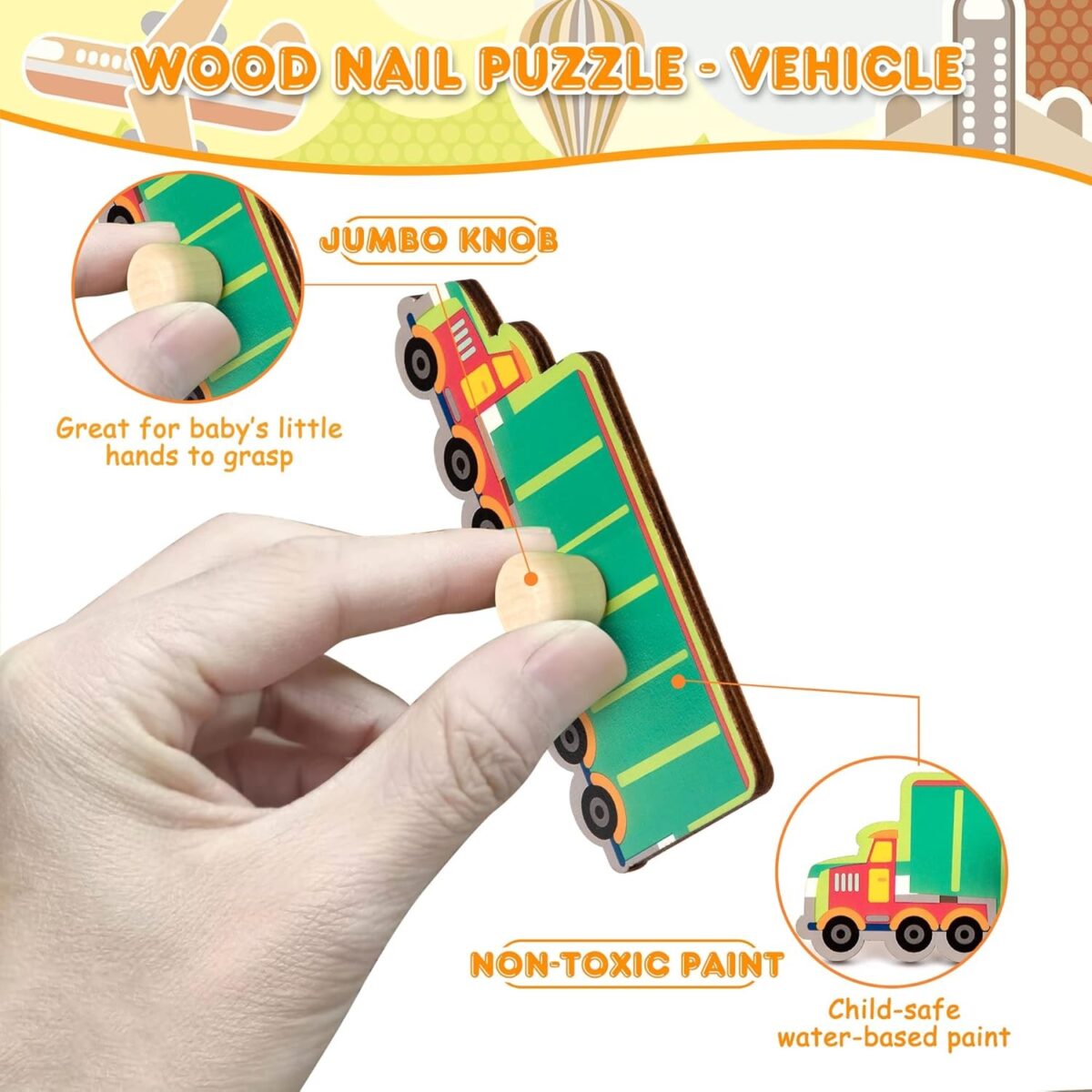 Puzzle Montessori din Lemn pentru Copii, Embo, 0-3 Ani, 3D, Model Transporturi, Educativ, Intuitiv, Creativ, 9 Piese, 30x22.5x0.8 cm, Multicolor - imagine 5