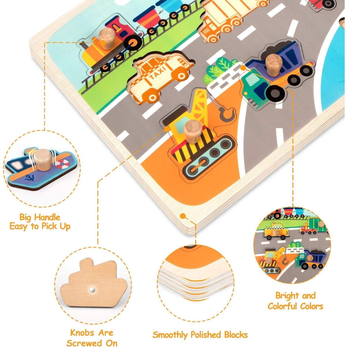 Puzzle Montessori din Lemn pentru Copii, Embo, 0-3 Ani, 3D, Model Transporturi, Educativ, Intuitiv, Creativ, 9 Piese, 30x22.5x0.8 cm, Multicolor - imagine 6