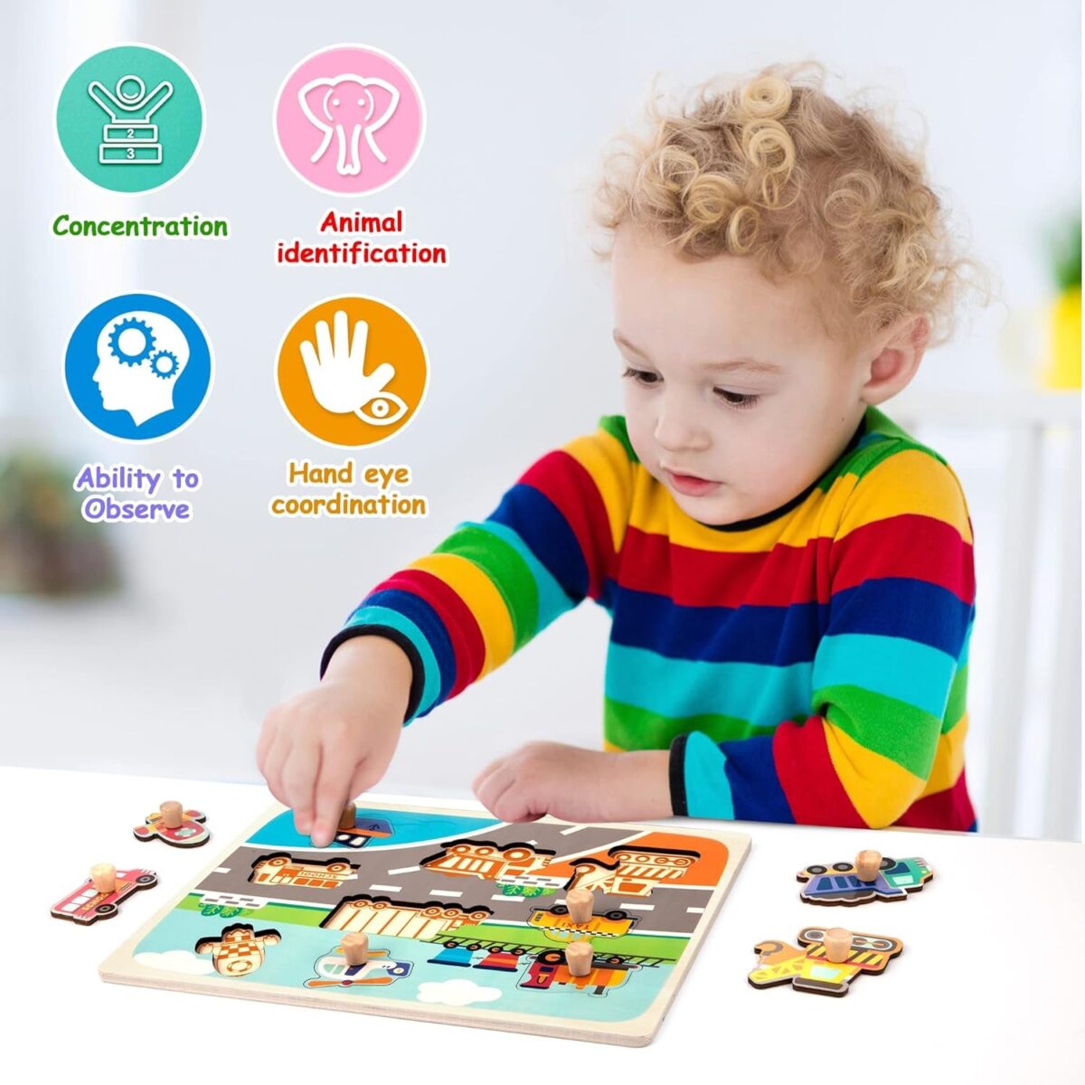 Puzzle Montessori din Lemn pentru Copii, Embo, 0-3 Ani, 3D, Model Transporturi, Educativ, Intuitiv, Creativ, 9 Piese, 30x22.5x0.8 cm, Multicolor - imagine 7