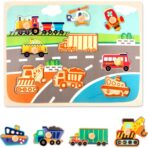 Puzzle Montessori din Lemn pentru Copii, Embo, 0-3 Ani, 3D, Model Transporturi, Educativ, Intuitiv, Creativ, 9 Piese, 30x22.5x0.8 cm, Multicolor