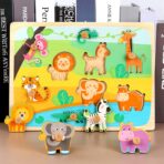 Puzzle Montessori din Lemn pentru Copii, Embo, 0-3 Ani, Model Animale din Jungla, Educativ, Intuitiv, Creativ, 9 Piese, 30x22.5x0.8 cm, Multicolor - imagine 2