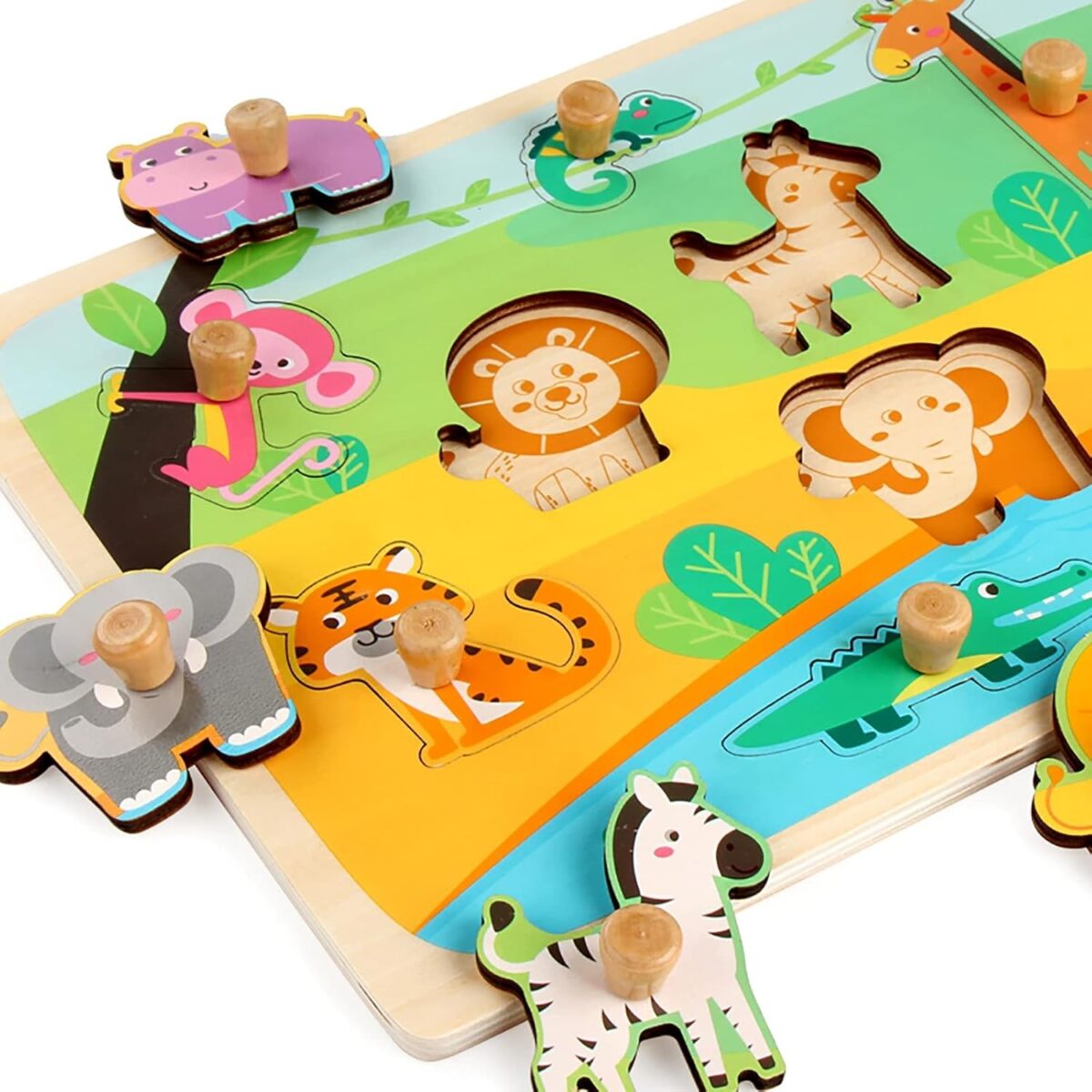 Puzzle Montessori din Lemn pentru Copii, Embo, 0-3 Ani, Model Animale din Jungla, Educativ, Intuitiv, Creativ, 9 Piese, 30x22.5x0.8 cm, Multicolor - imagine 3