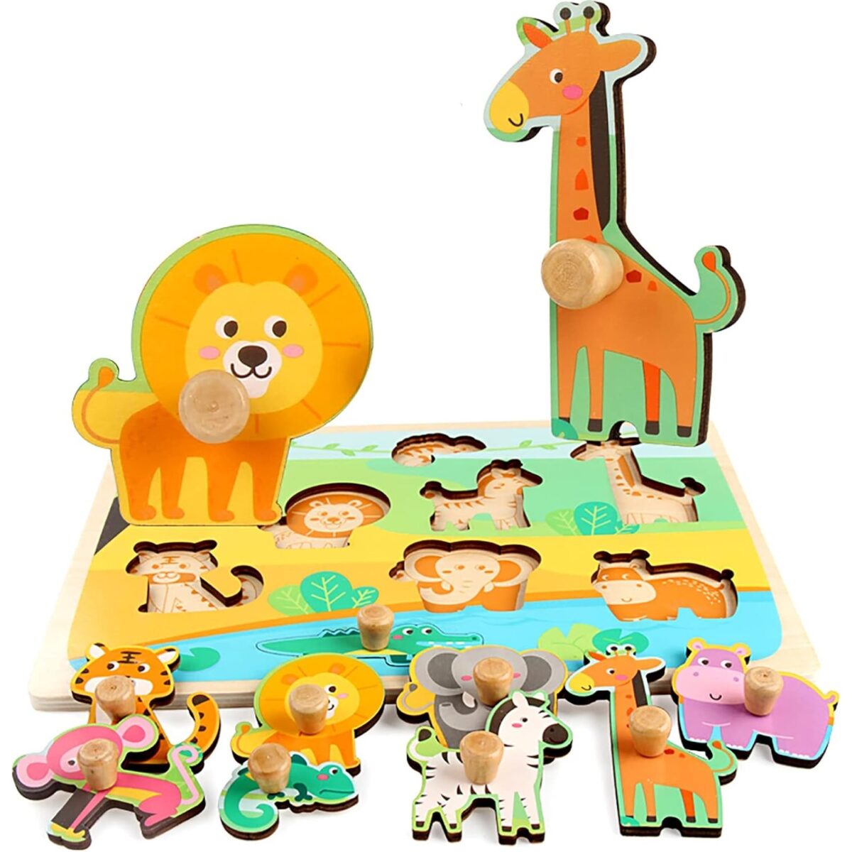 Puzzle Montessori din Lemn pentru Copii, Embo, 0-3 Ani, Model Animale din Jungla, Educativ, Intuitiv, Creativ, 9 Piese, 30x22.5x0.8 cm, Multicolor - imagine 4