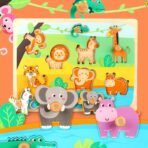 Puzzle Montessori din Lemn pentru Copii, Embo, 0-3 Ani, Model Animale din Jungla, Educativ, Intuitiv, Creativ, 9 Piese, 30x22.5x0.8 cm, Multicolor - imagine 6