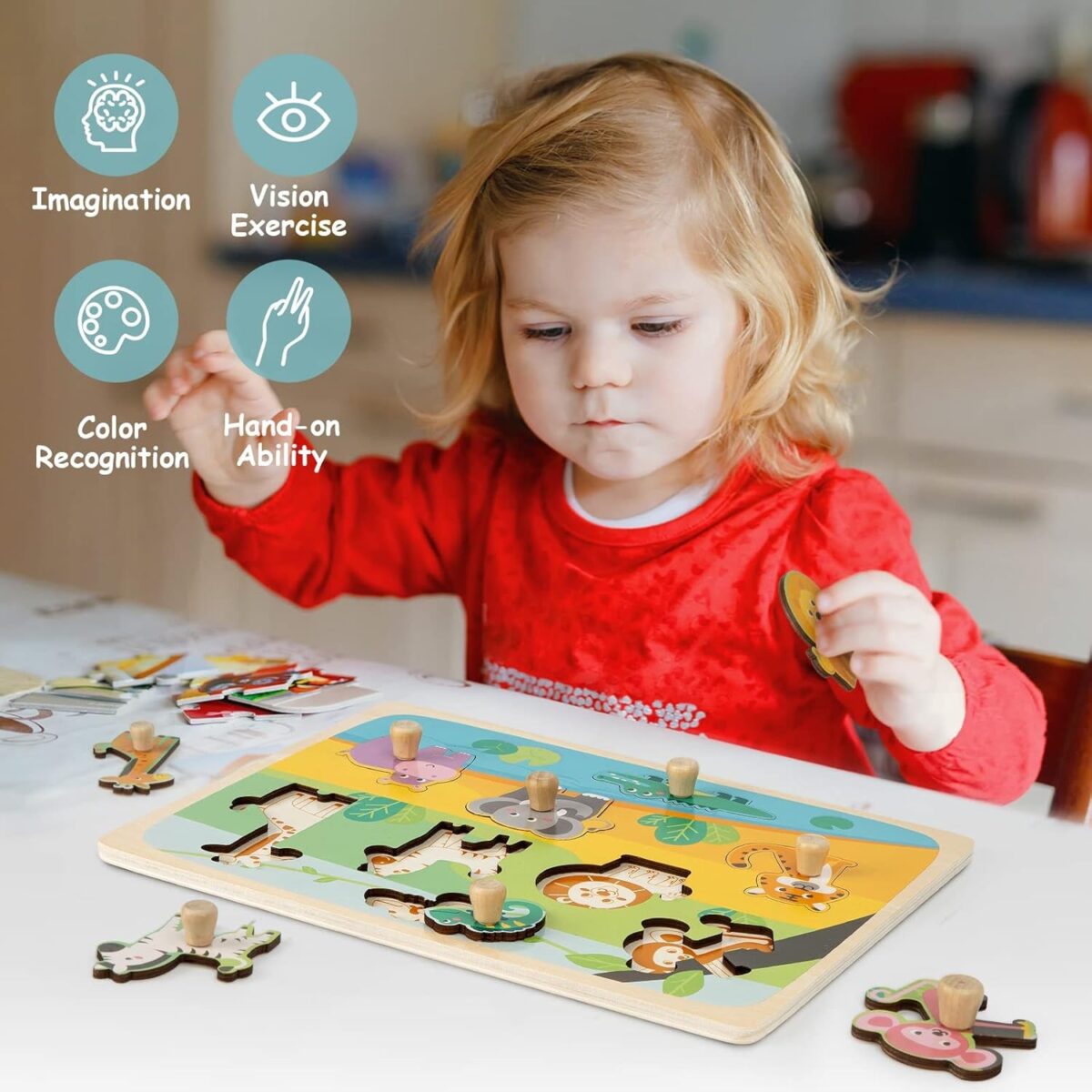 Puzzle Montessori din Lemn pentru Copii, Embo, 0-3 Ani, Model Animale din Jungla, Educativ, Intuitiv, Creativ, 9 Piese, 30x22.5x0.8 cm, Multicolor - imagine 7