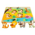 Puzzle Montessori din Lemn pentru Copii, Embo, 0-3 Ani, Model Animale din Jungla, Educativ, Intuitiv, Creativ, 9 Piese, 30x22.5x0.8 cm, Multicolor